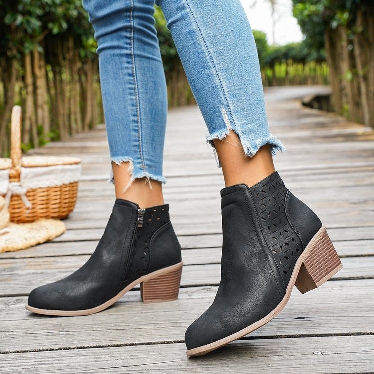 Perforated Side Zip Block Heel Ankle Boots