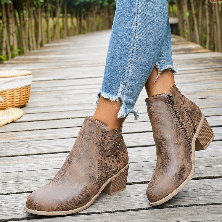 Perforated Side Zip Block Heel Ankle Boots