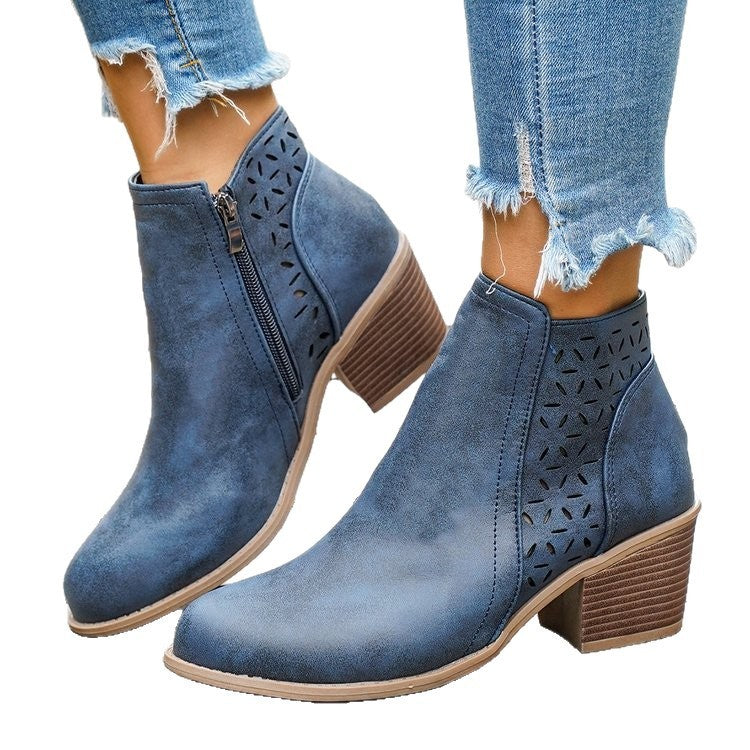 Perforated Side Zip Block Heel Ankle Boots