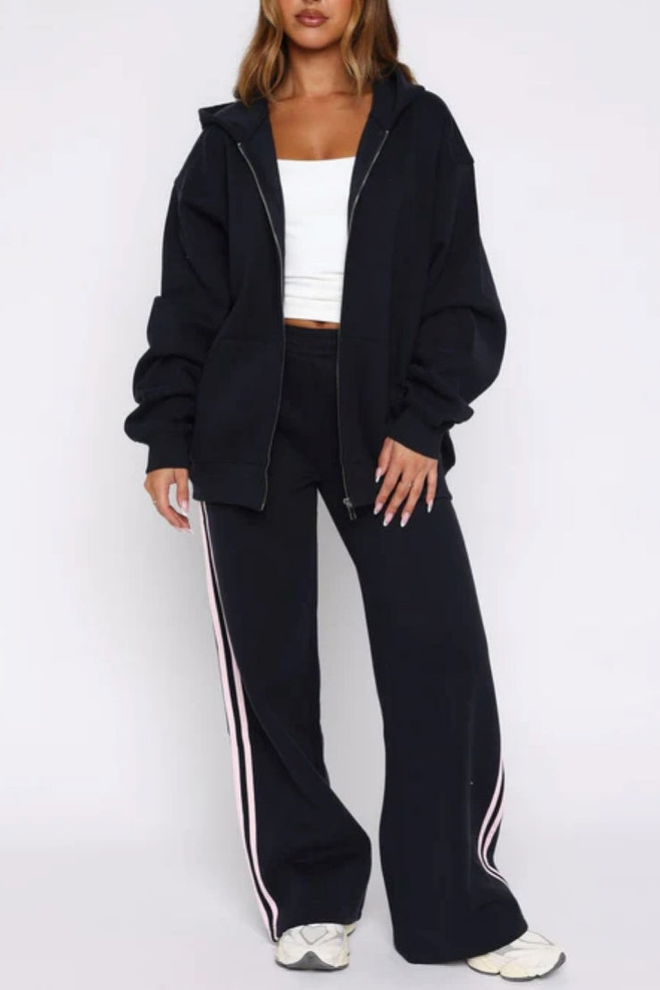 Side Stripe Track Set With Zip Hoodie - Black