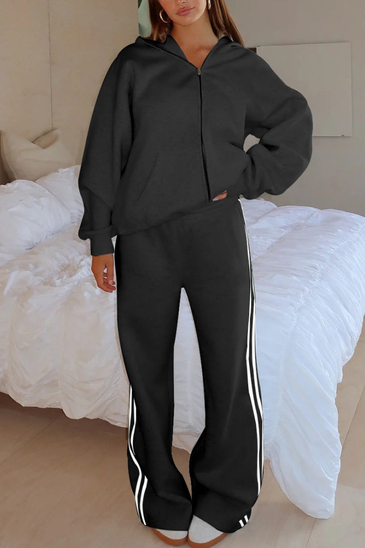 Side Stripe Track Set With Zip Hoodie - Black - 2