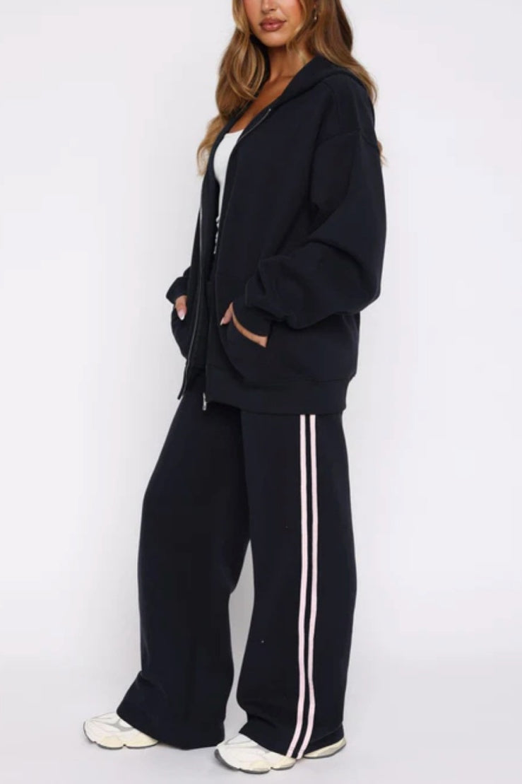 Side Stripe Track Set With Zip Hoodie - Black - 4