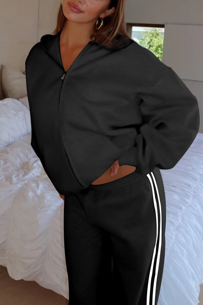 Side Stripe Track Set With Zip Hoodie - Black - 5