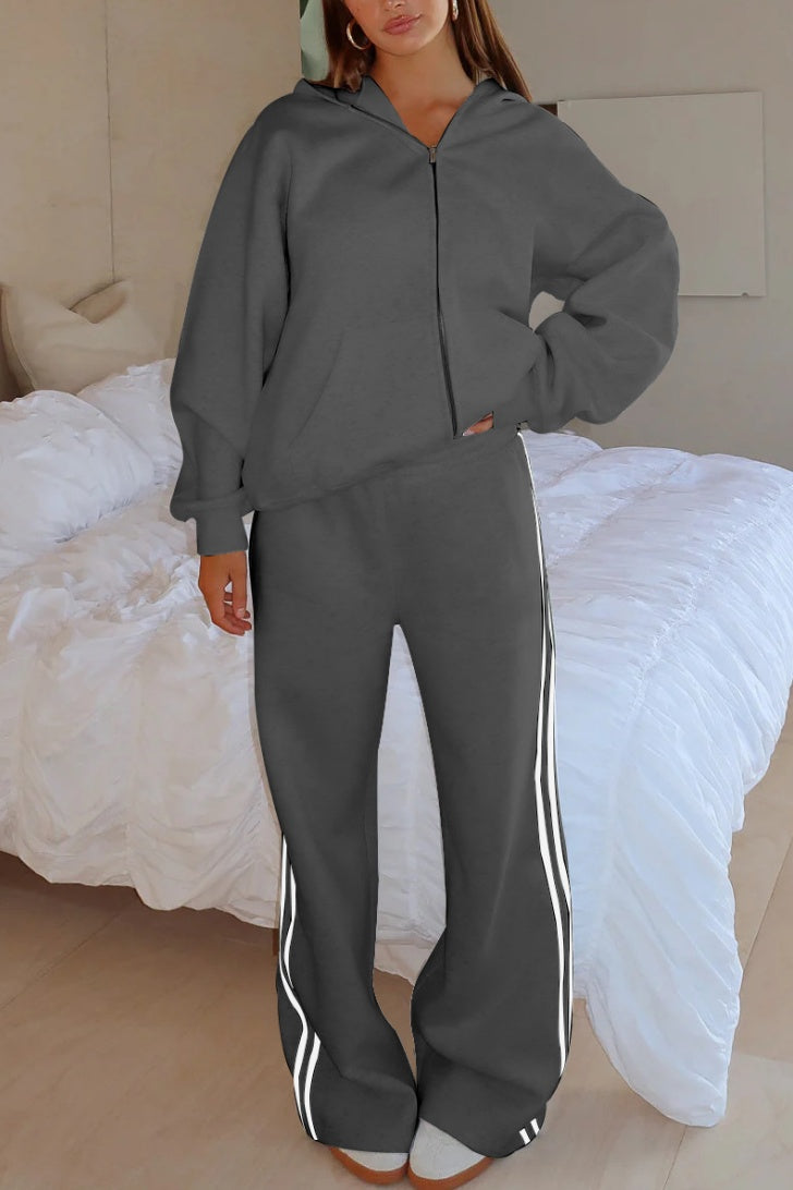 Side Stripe Track Set With Zip Hoodie - Grey