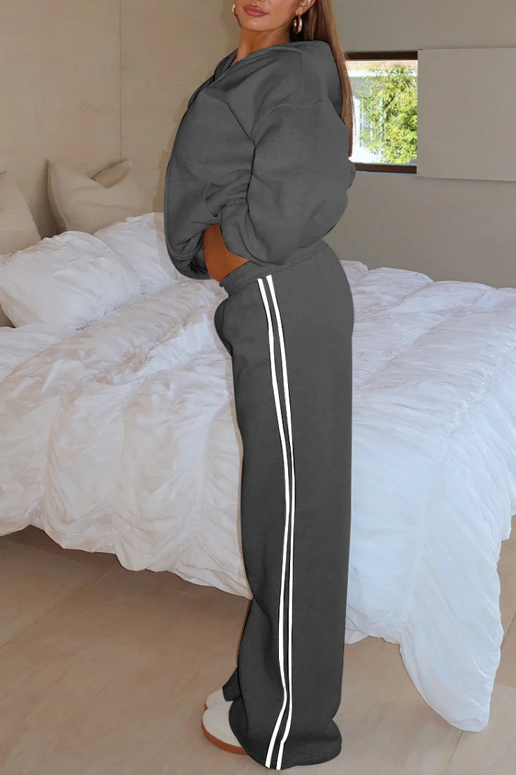 Side Stripe Track Set With Zip Hoodie - Grey - 1