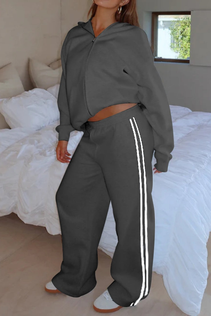 Side Stripe Track Set With Zip Hoodie - Grey - 2