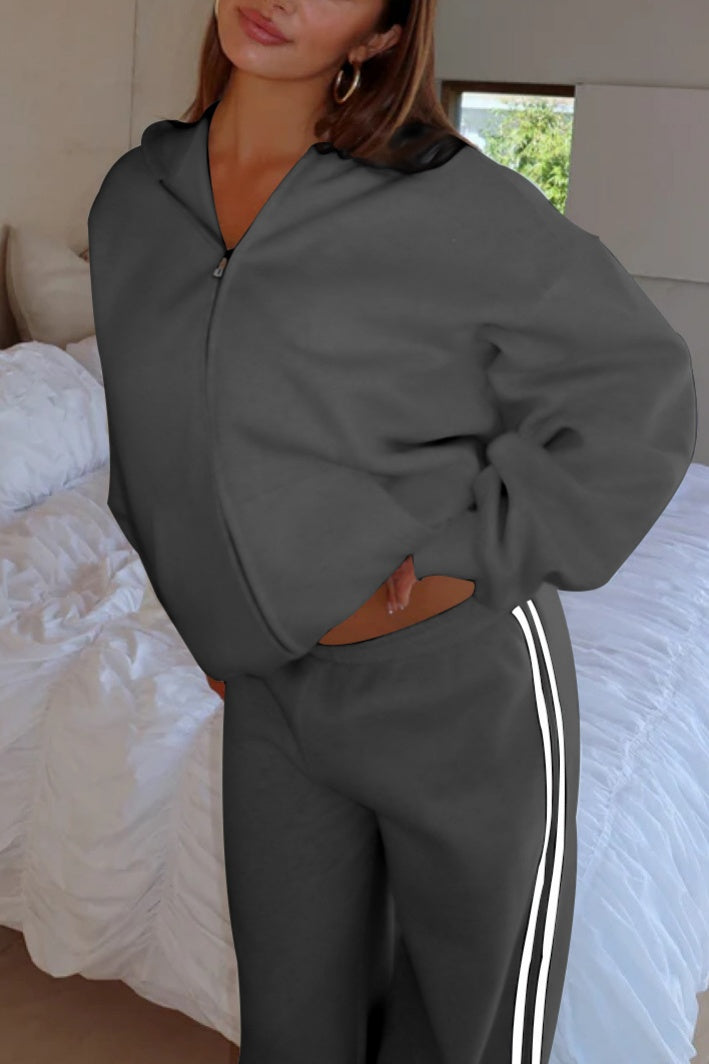 Side Stripe Track Set With Zip Hoodie - Grey - 3