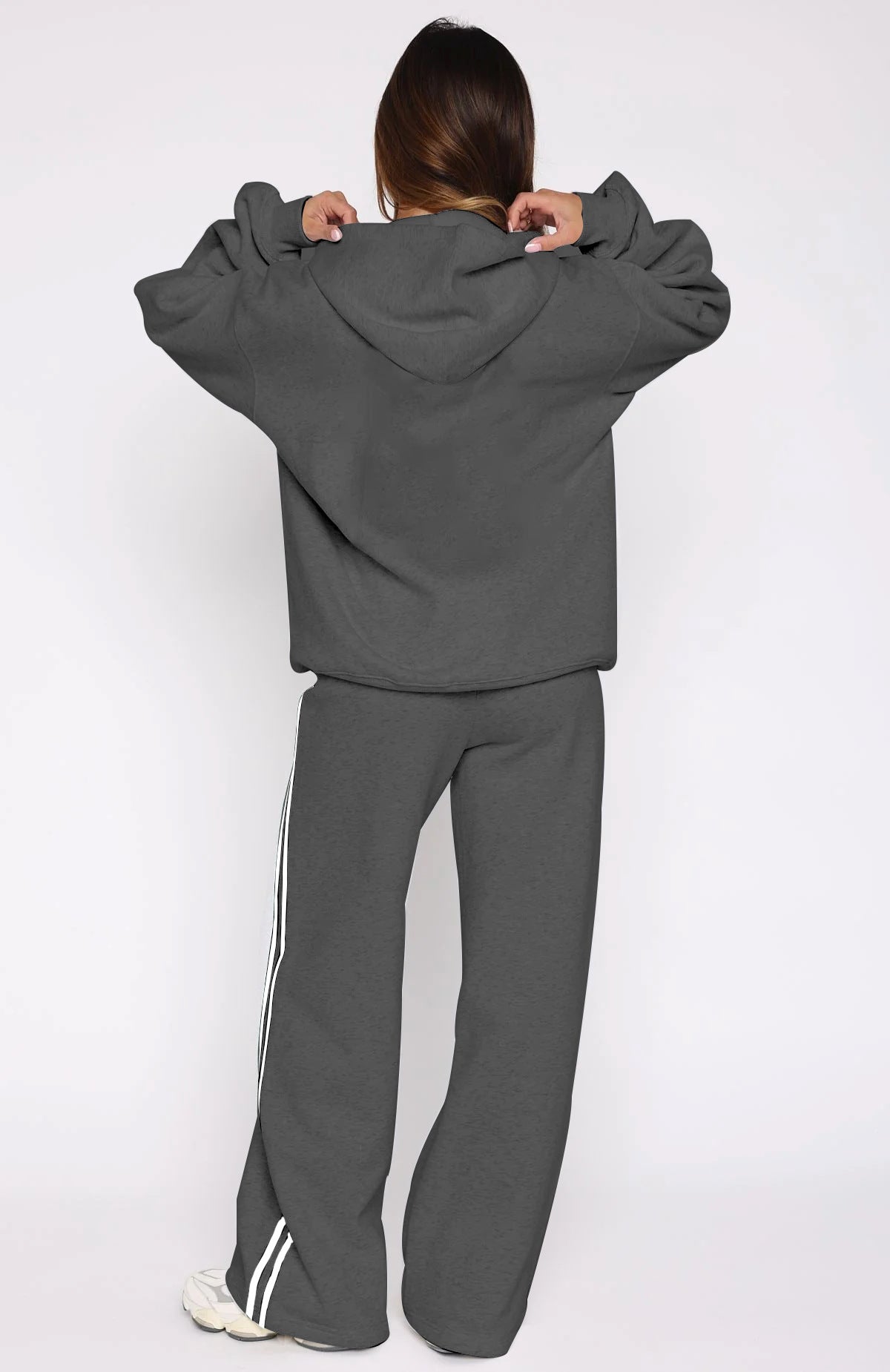Side Stripe Track Set With Zip Hoodie - Grey - 4
