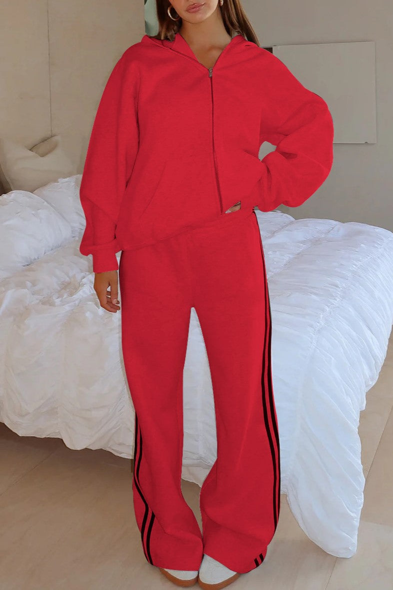 Side Stripe Track Set With Zip Hoodie - Red