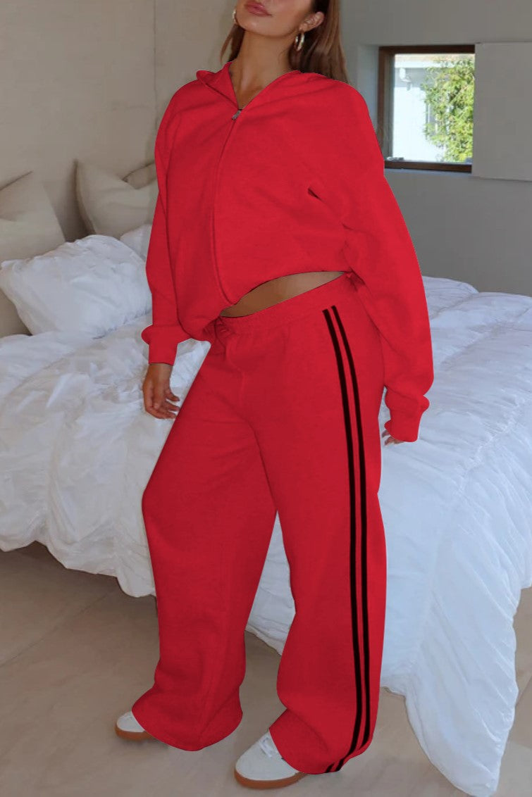 Side Stripe Track Set With Zip Hoodie - Red - 1