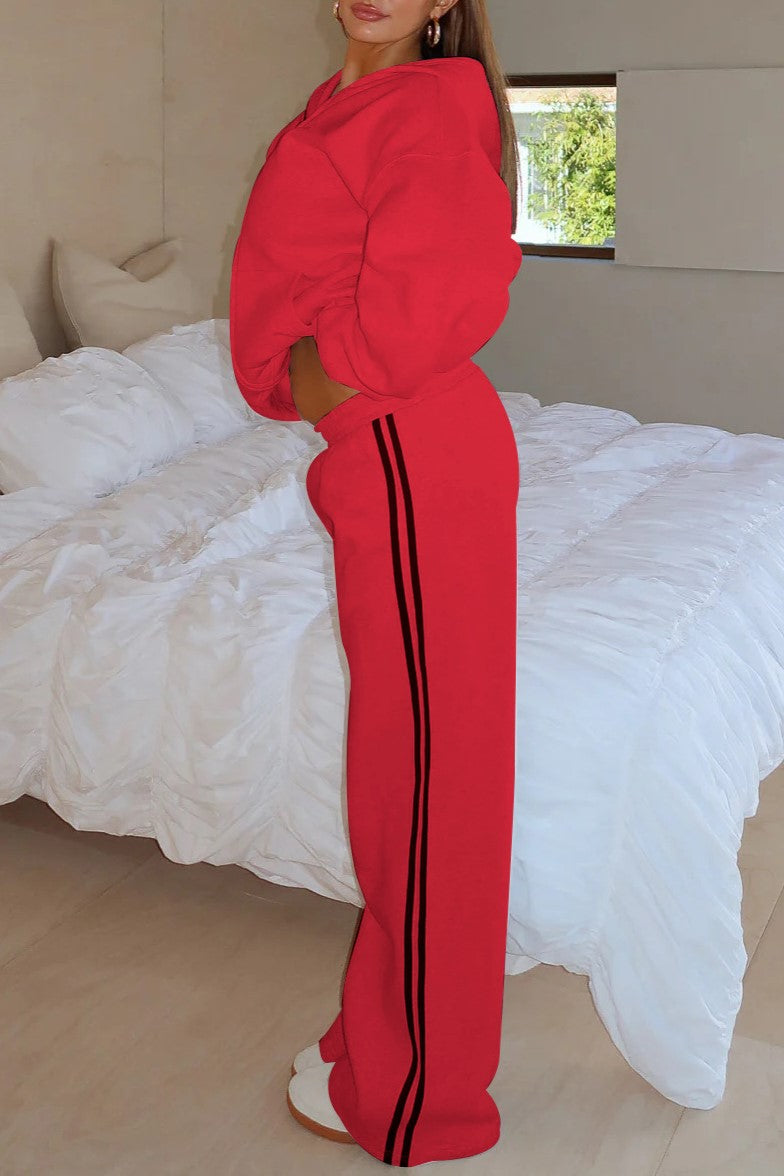 Side Stripe Track Set With Zip Hoodie - Red - 2