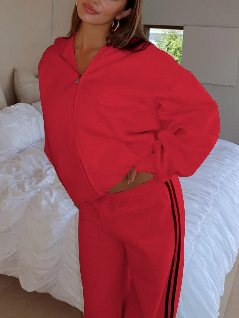 Side Stripe Track Set With Zip Hoodie - Red - 3