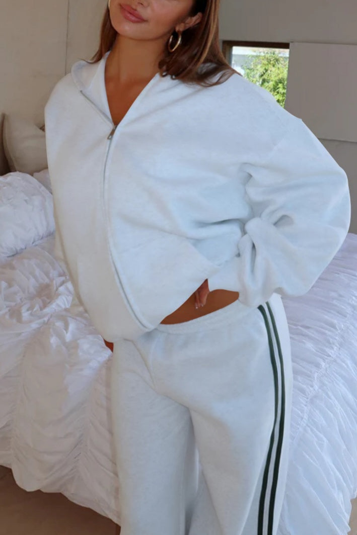 Side Stripe Track Set With Zip Hoodie - White - 2