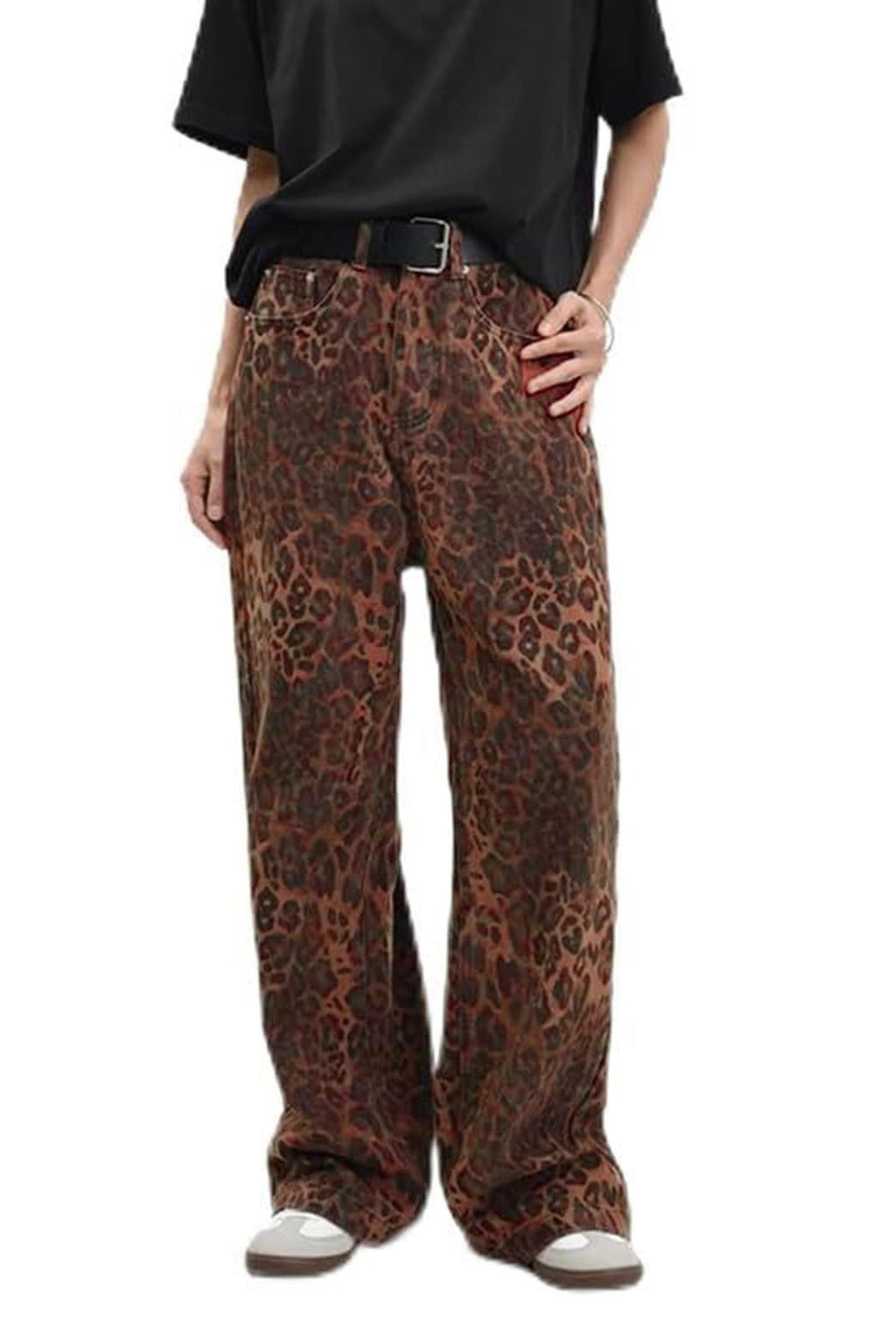 Animal Print Acid Wash Wide Leg Jeans - DKbrown