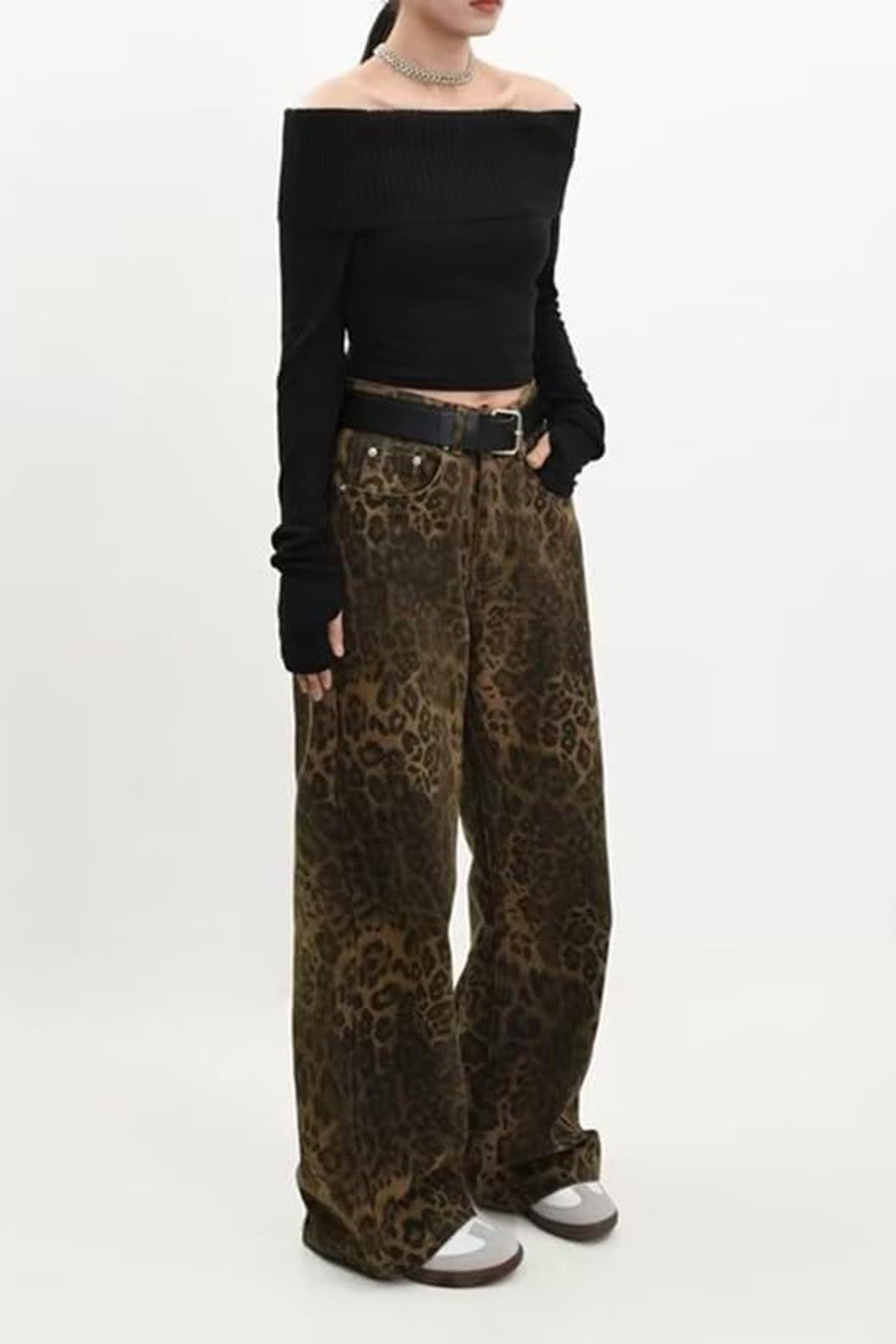 Animal Print Acid Wash Wide Leg Jeans - DKbrown - 1