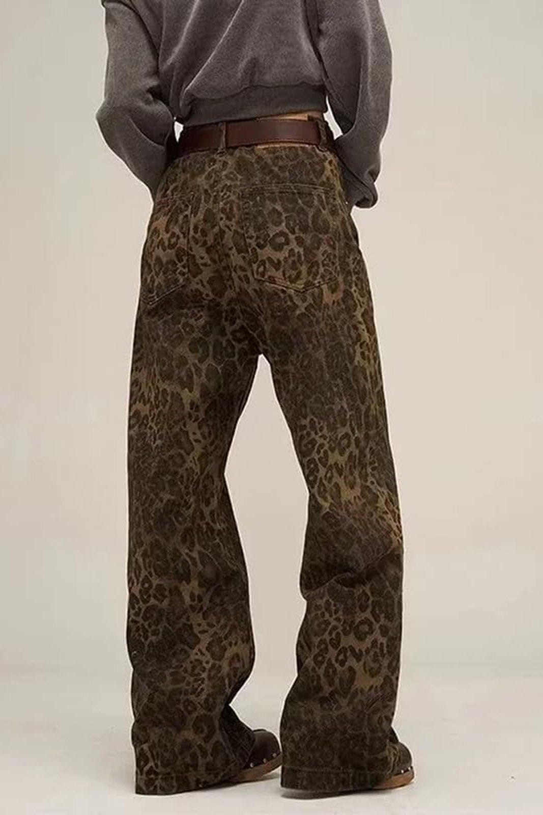 Animal Print Acid Wash Wide Leg Jeans - DKbrown - 2
