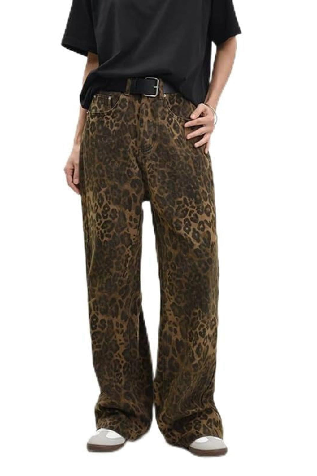 Animal Print Acid Wash Wide Leg Jeans - brown