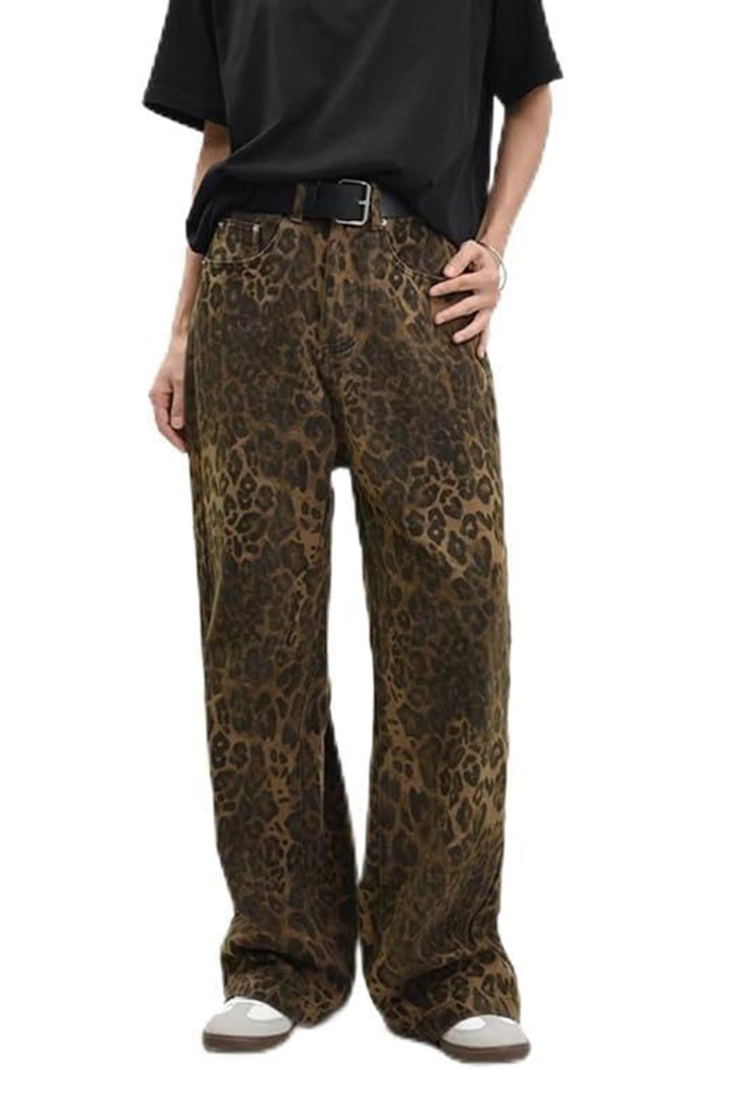 Animal Print Acid Wash Wide Leg Jeans - brown