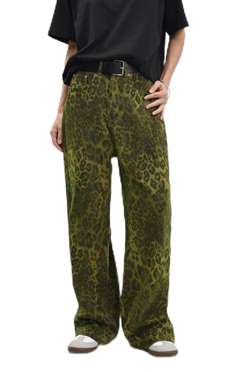 Animal Print Acid Wash Wide Leg Jeans - green
