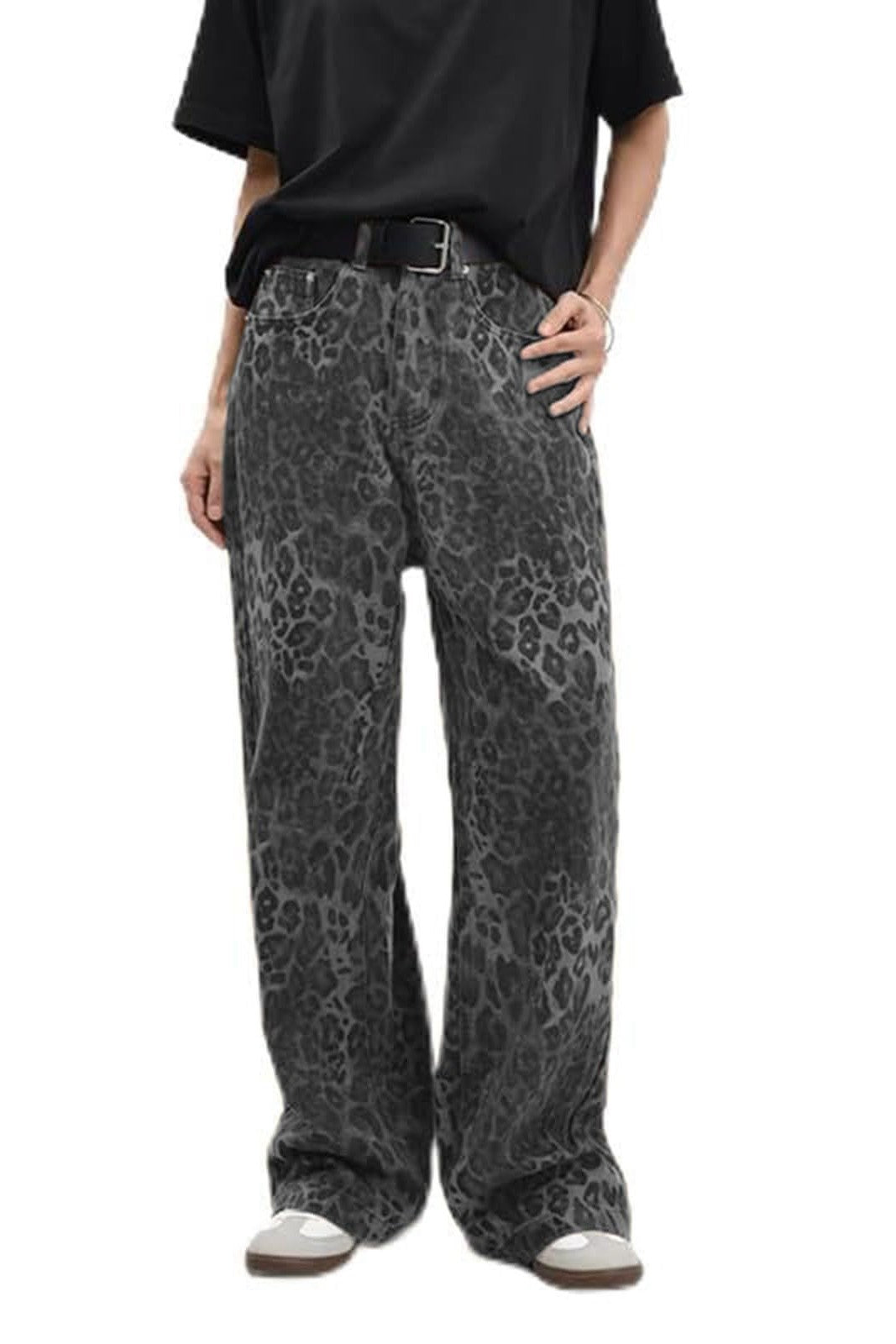 Animal Print Acid Wash Wide Leg Jeans - grey