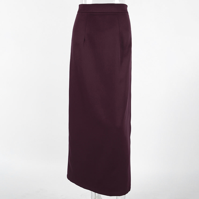 High Waist Column Maxi Skirt With Back Slit - Brown - 1