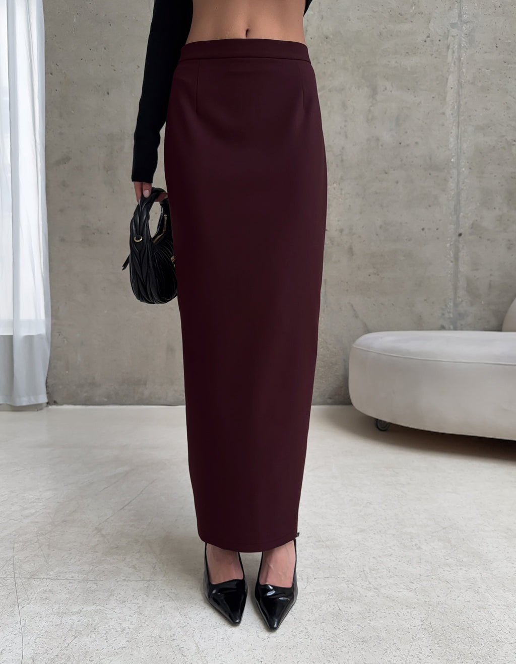 High Waist Column Maxi Skirt With Back Slit - Brown - 6