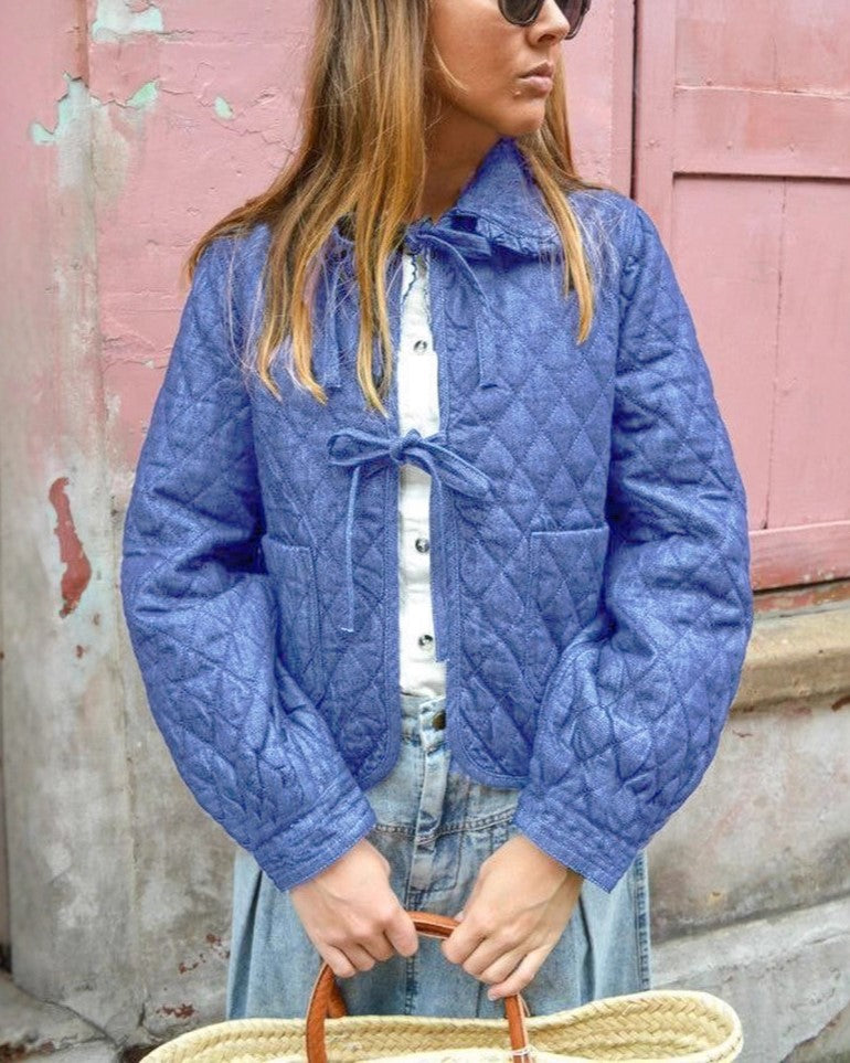Tie Front Quilted Denim Look Jacket - Blue