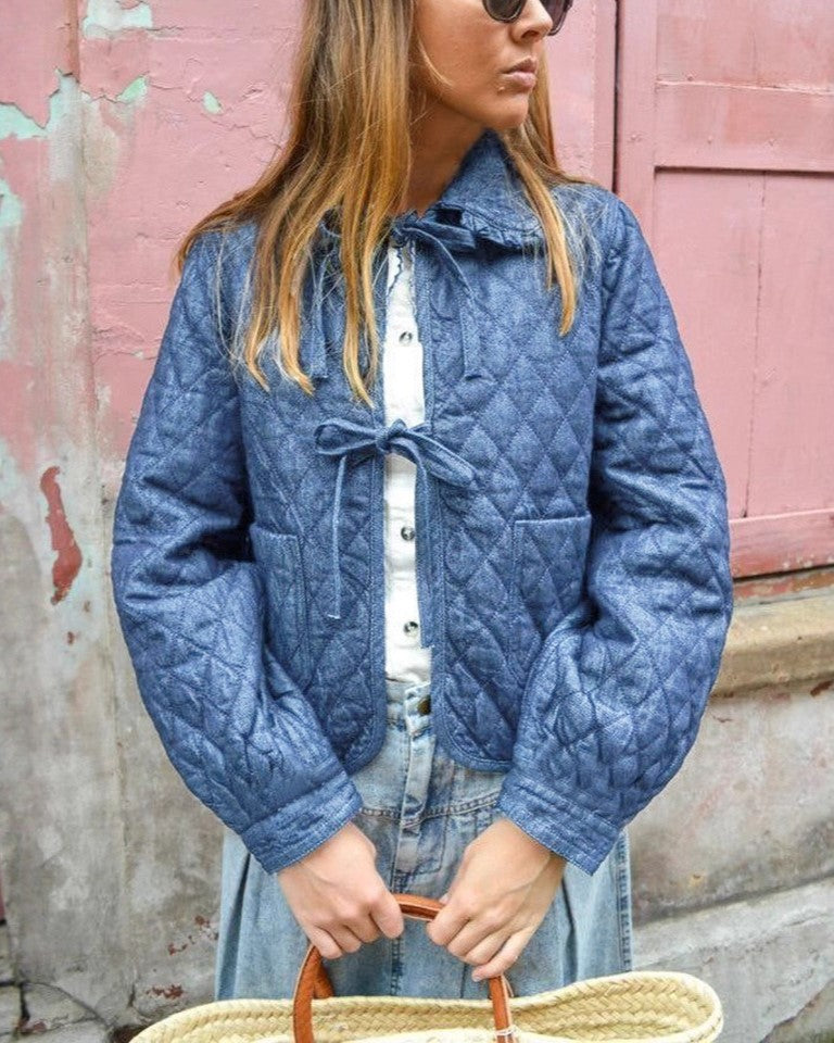 Tie Front Quilted Denim Look Jacket - SeaBlue