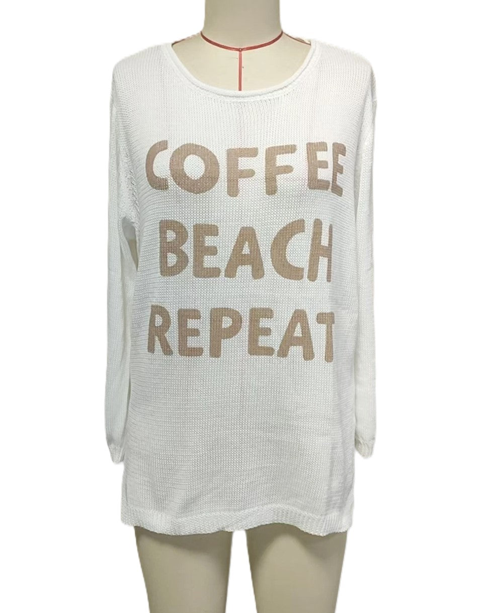 Slogan Print Long Sleeve Lightweight Knit Top - COFFEE - 1