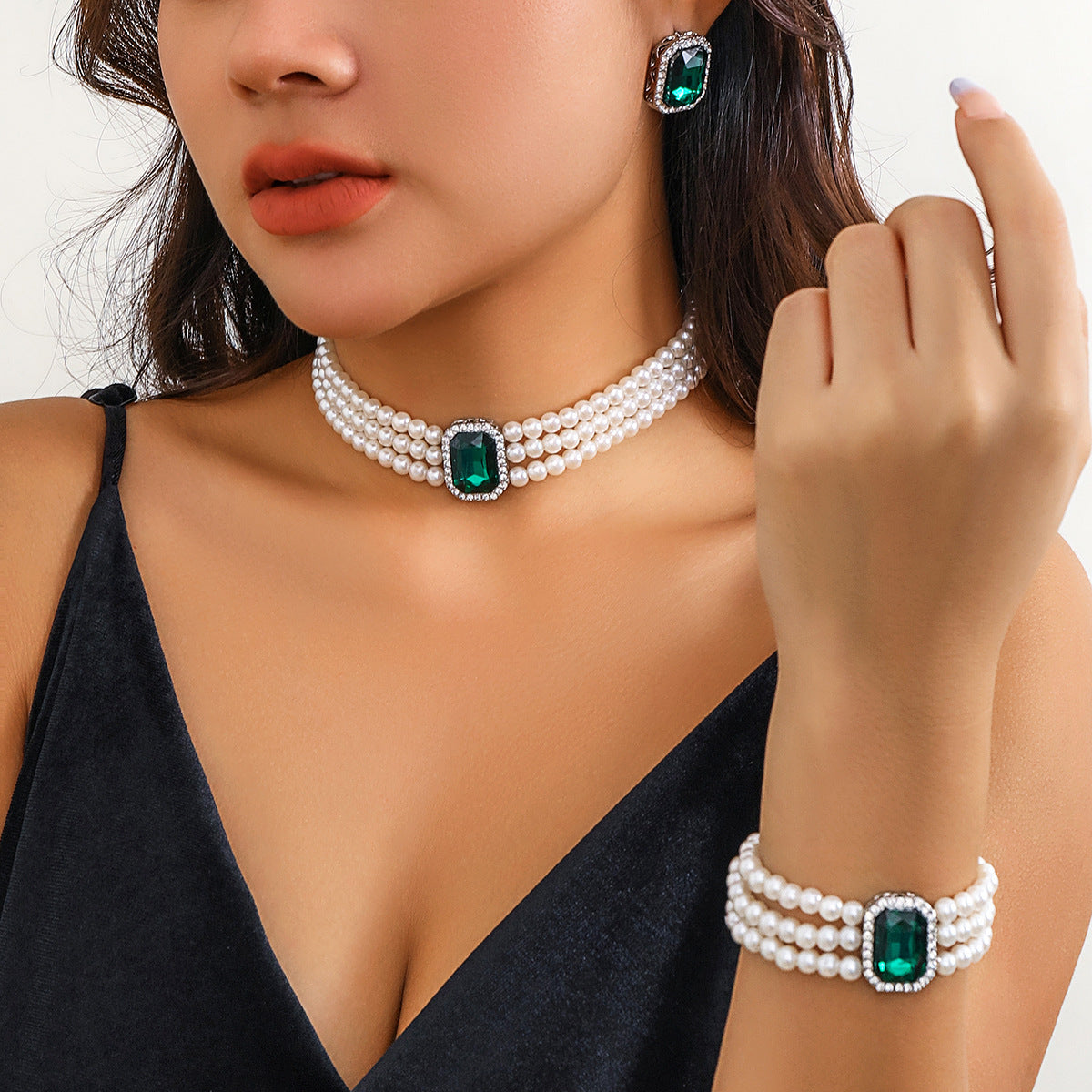 Layered Pearl Choker Necklace Set - Color_03