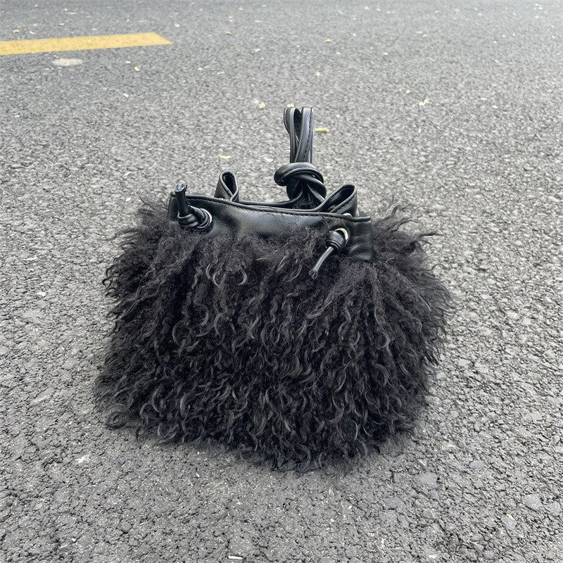 Shaggy Faux Fur Drawstring Bucket Bag - Black