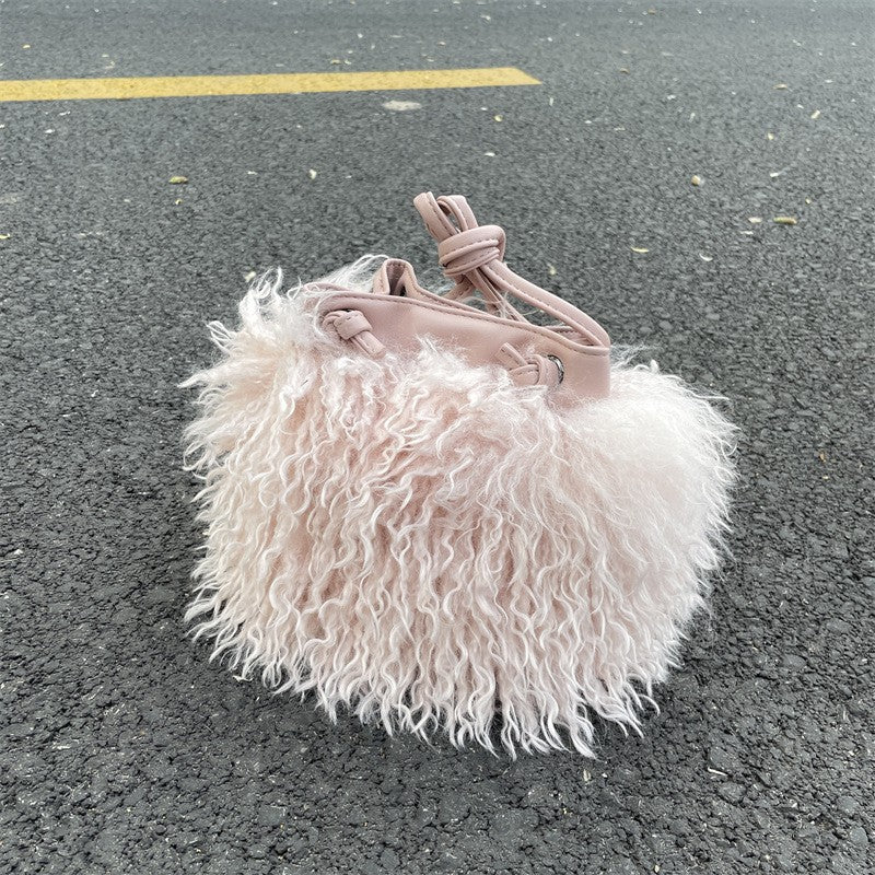 Shaggy Faux Fur Drawstring Bucket Bag - Blush Pink