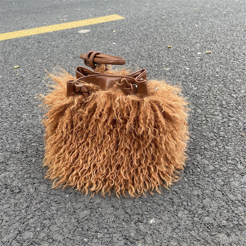 Shaggy Faux Fur Drawstring Bucket Bag - Coffee