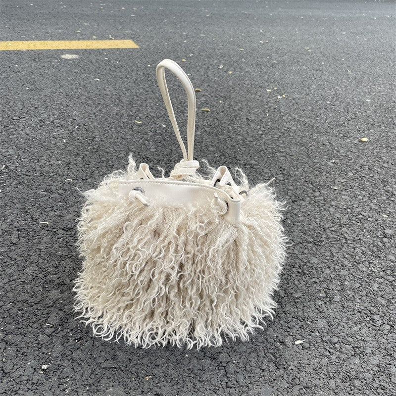 Shaggy Faux Fur Drawstring Bucket Bag - Cream