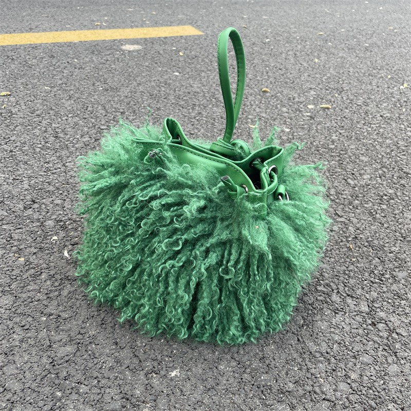 Shaggy Faux Fur Drawstring Bucket Bag - Green