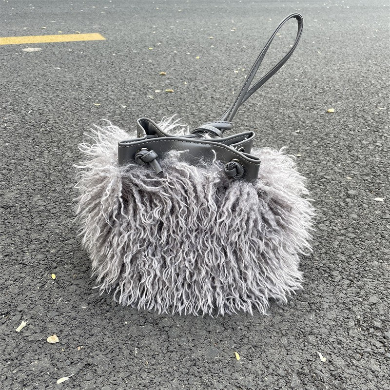 Shaggy Faux Fur Drawstring Bucket Bag - Light Gray