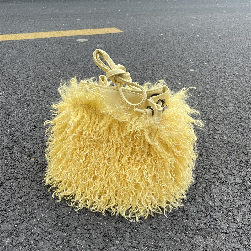 Shaggy Faux Fur Drawstring Bucket Bag - Light Mustard