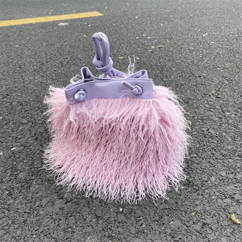 Shaggy Faux Fur Drawstring Bucket Bag - Lilac