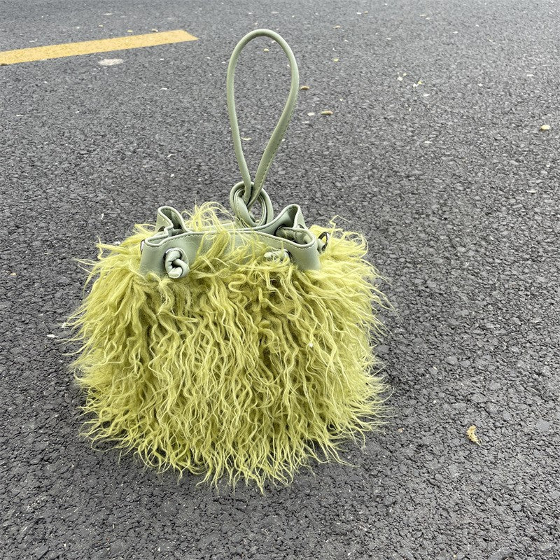 Shaggy Faux Fur Drawstring Bucket Bag - Matcha Green