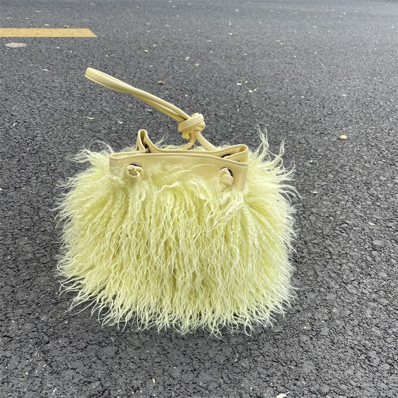Shaggy Faux Fur Drawstring Bucket Bag - Pale Yellow
