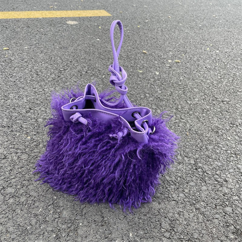 Shaggy Faux Fur Drawstring Bucket Bag - Purple