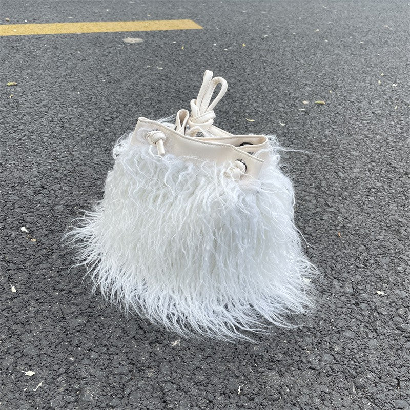 Shaggy Faux Fur Drawstring Bucket Bag - White