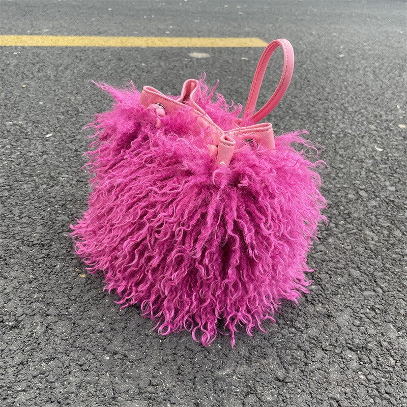 Shaggy Faux Fur Drawstring Bucket Bag