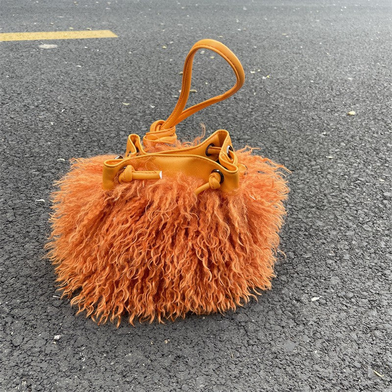 Shaggy Faux Fur Drawstring Bucket Bag