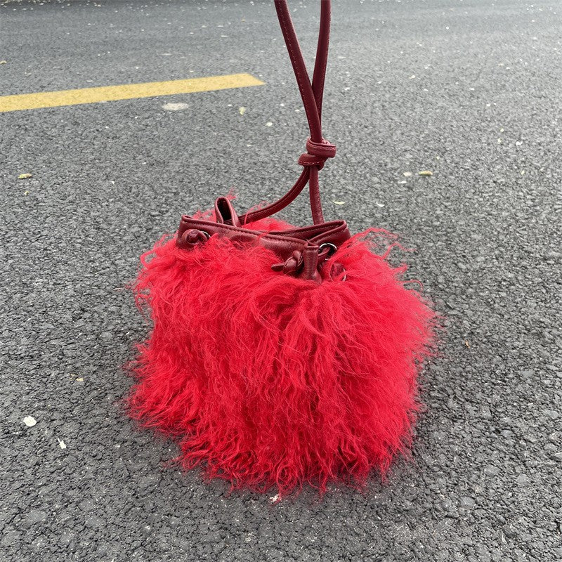 Shaggy Faux Fur Drawstring Bucket Bag