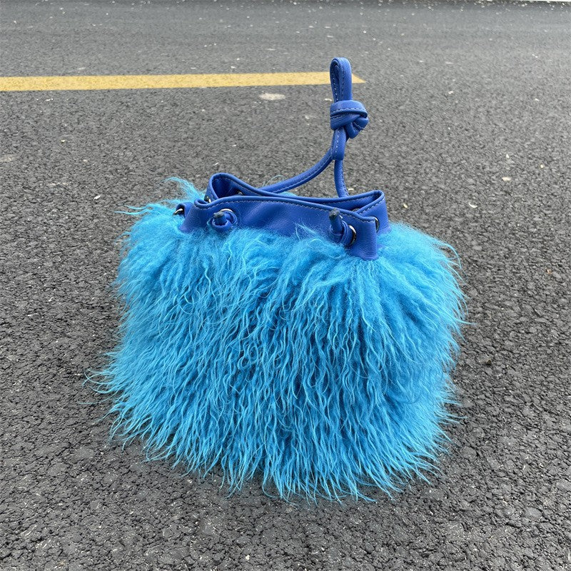 Shaggy Faux Fur Drawstring Bucket Bag