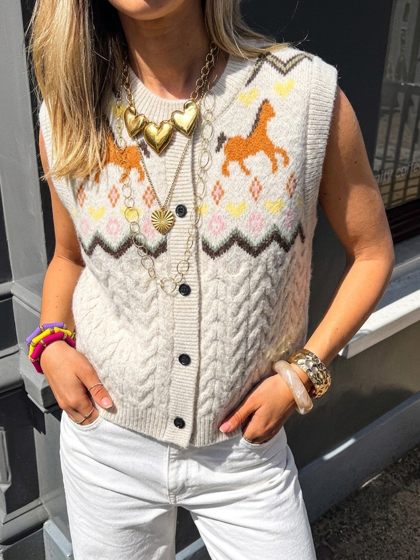 Horse Motif Cable Knit Button Sweater Vest - Apricot
