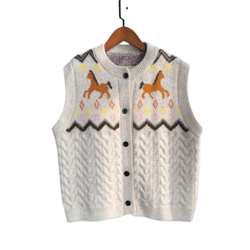 Horse Motif Cable Knit Button Sweater Vest - Apricot - 1
