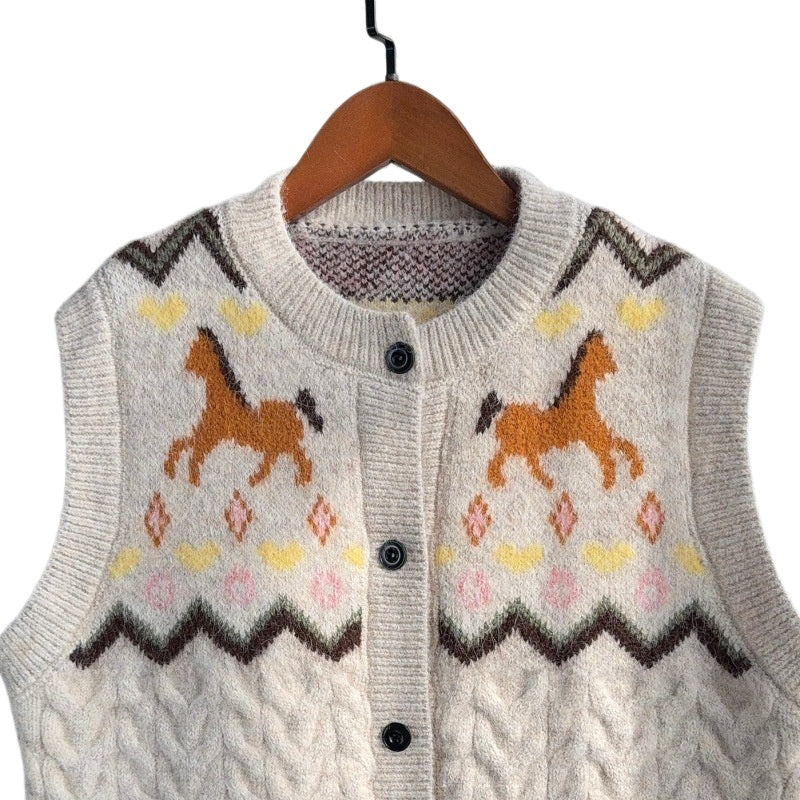 Horse Motif Cable Knit Button Sweater Vest - Apricot - 2