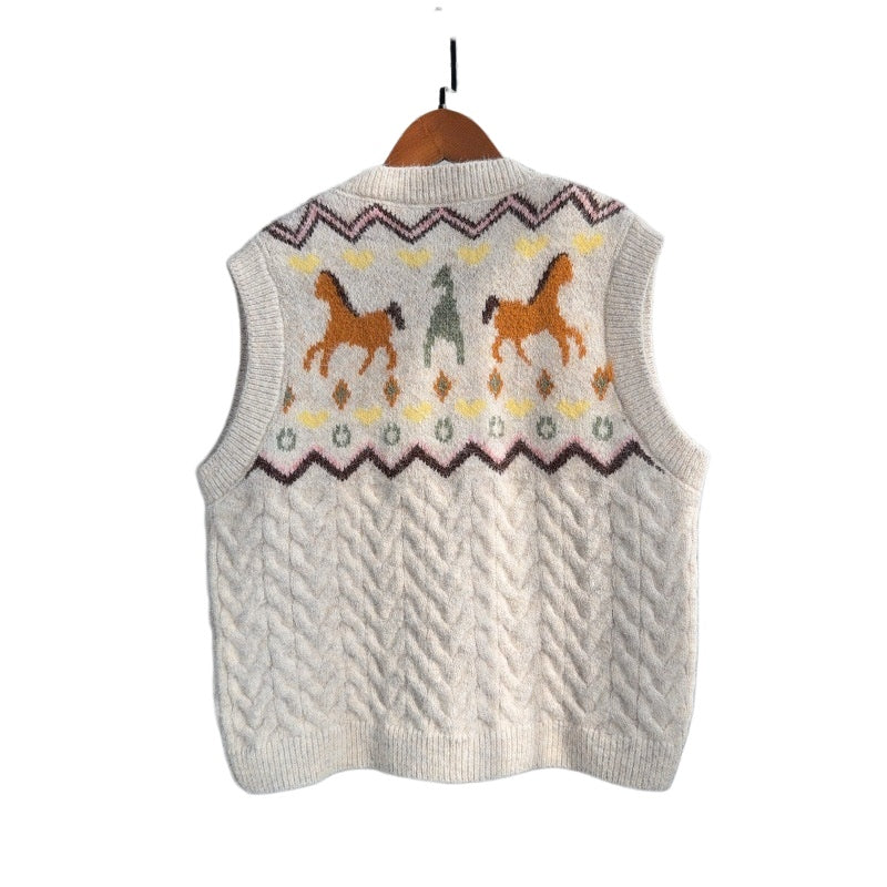 Horse Motif Cable Knit Button Sweater Vest - Apricot - 3